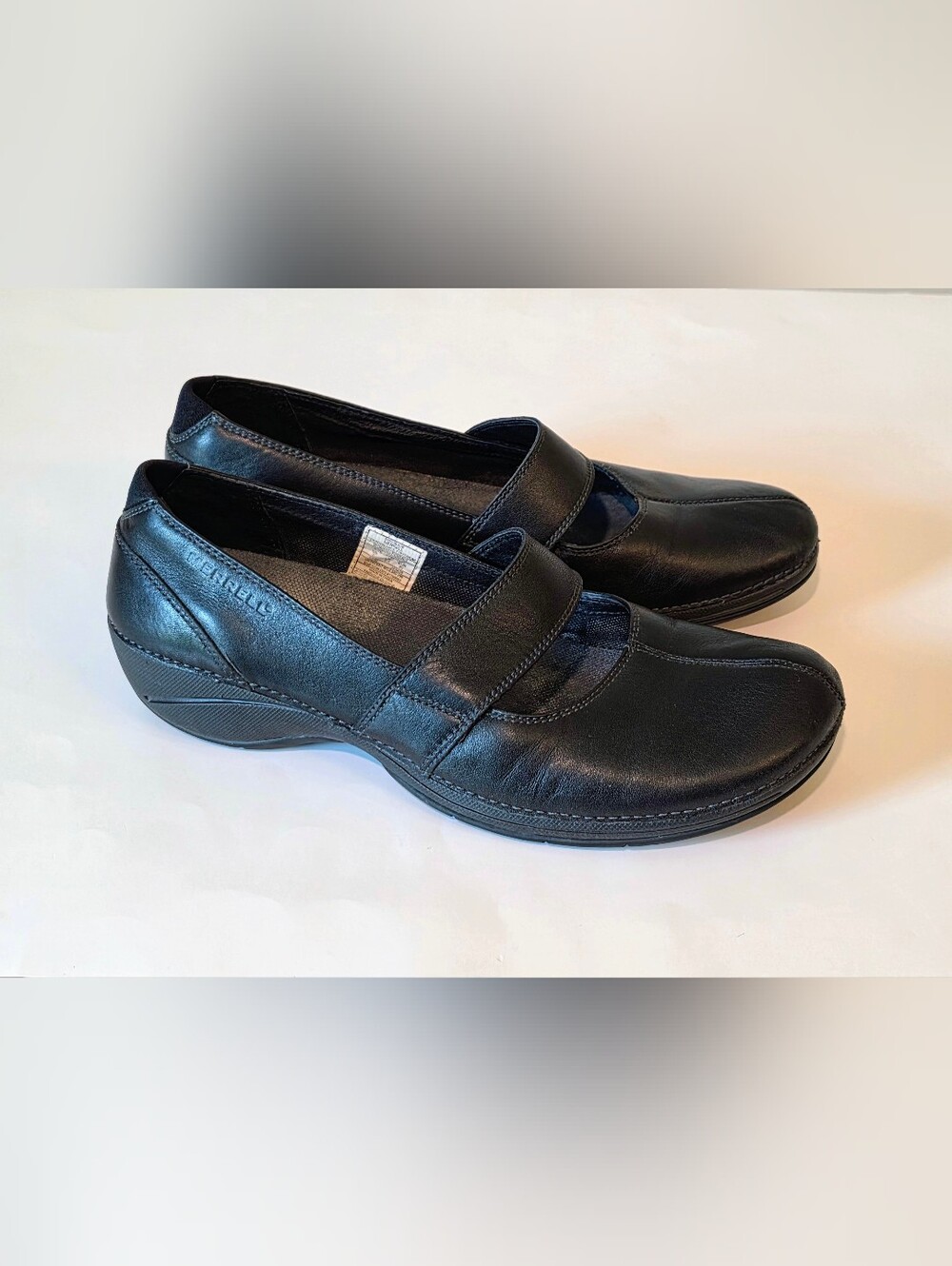 Merrell Brio Black Leather Slip-On Mary Jane Loafers Ortholite Cushioning Size 9